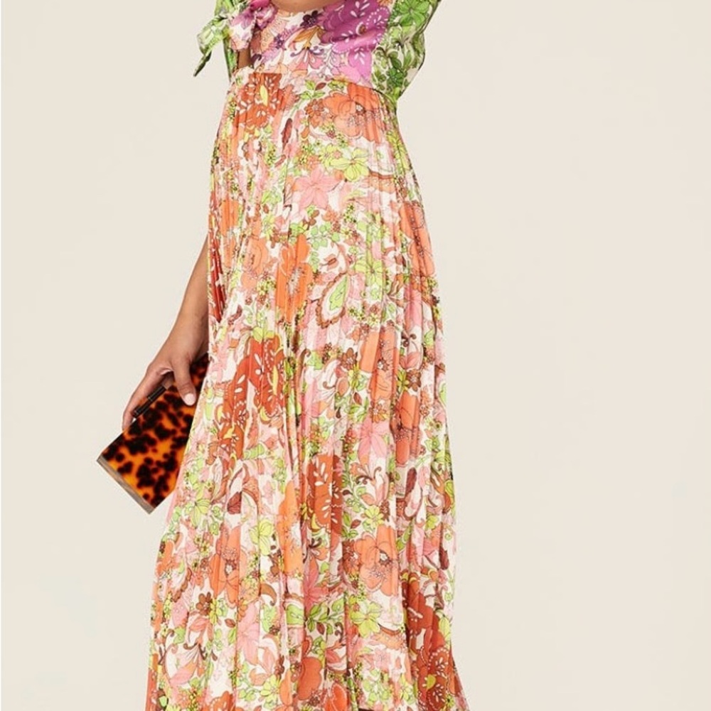 Vibrant Floral Midi Dress in Purple, Green, and Orange